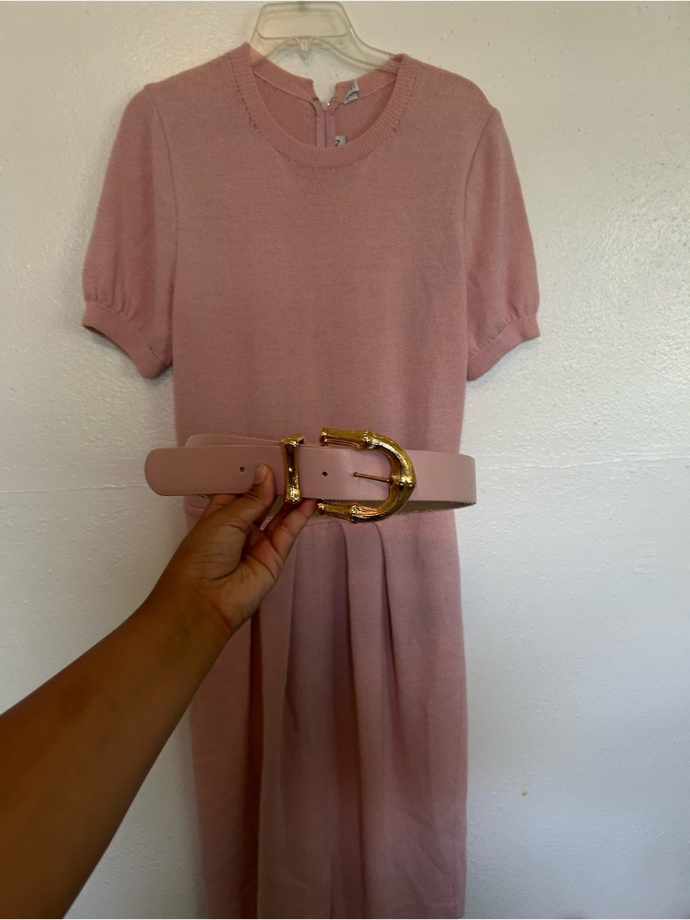 St. John Blush Pink Knit Short-Sleeve Dress with Gold Buckle Belt